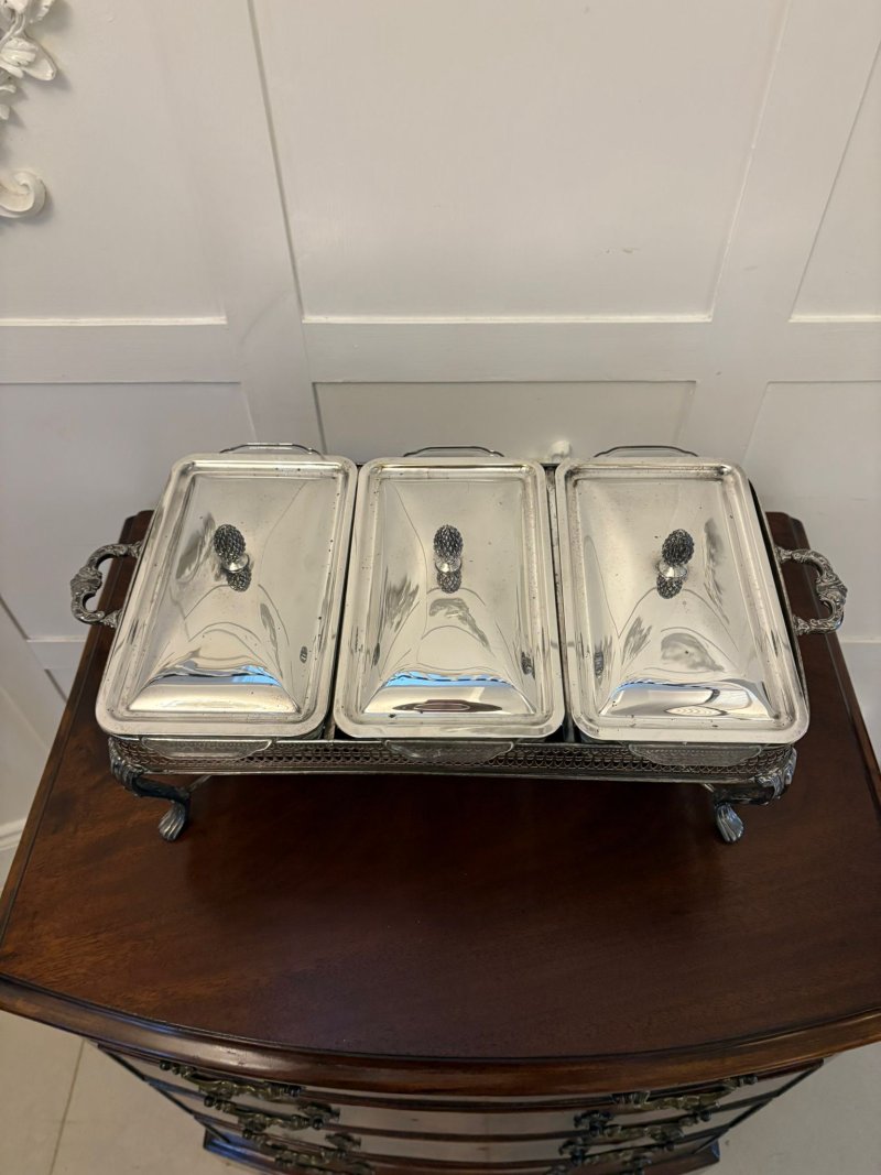 Unusual Antique Edwardian Three Silver Plated Serving Dishes on a Warming Stand - Image 4